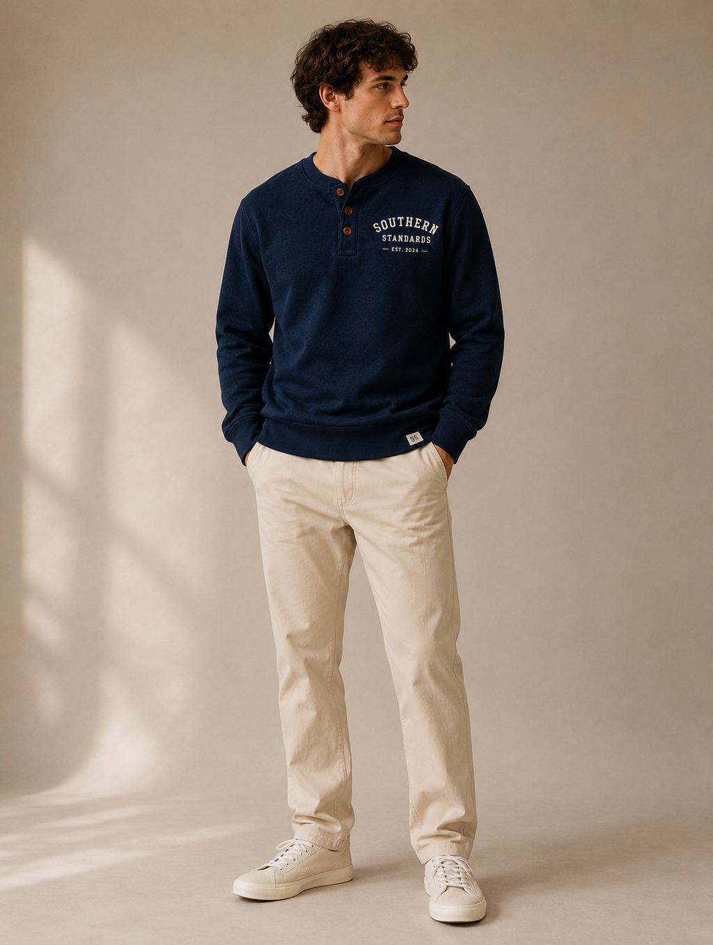 Navy Henley Crewneck Sweatshirt