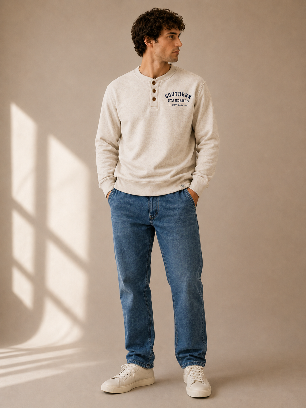 White Henley Crewneck Sweatshirt