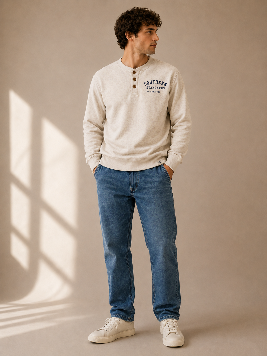 White Henley Crewneck Sweatshirt