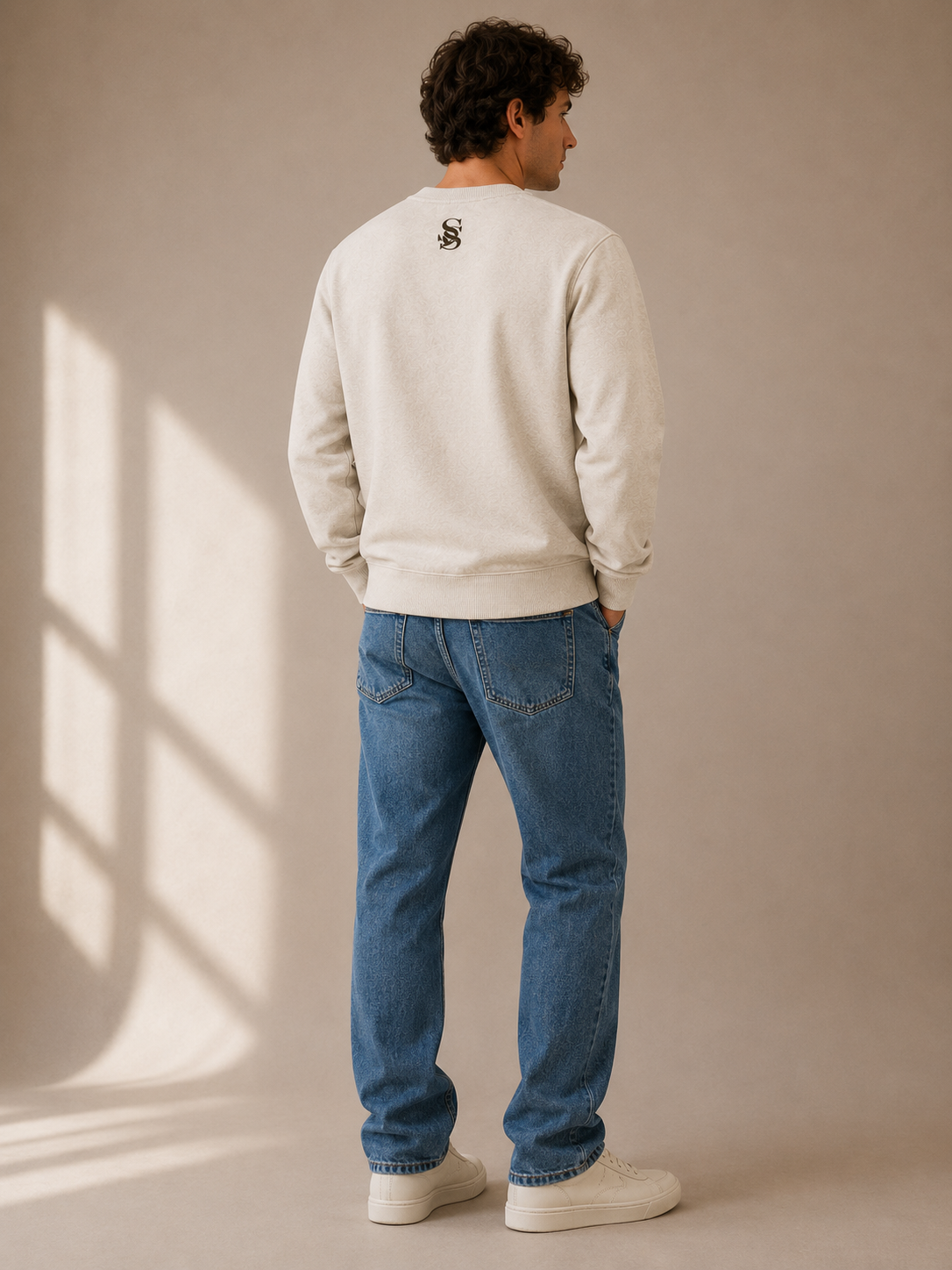 White Henley Crewneck Sweatshirt